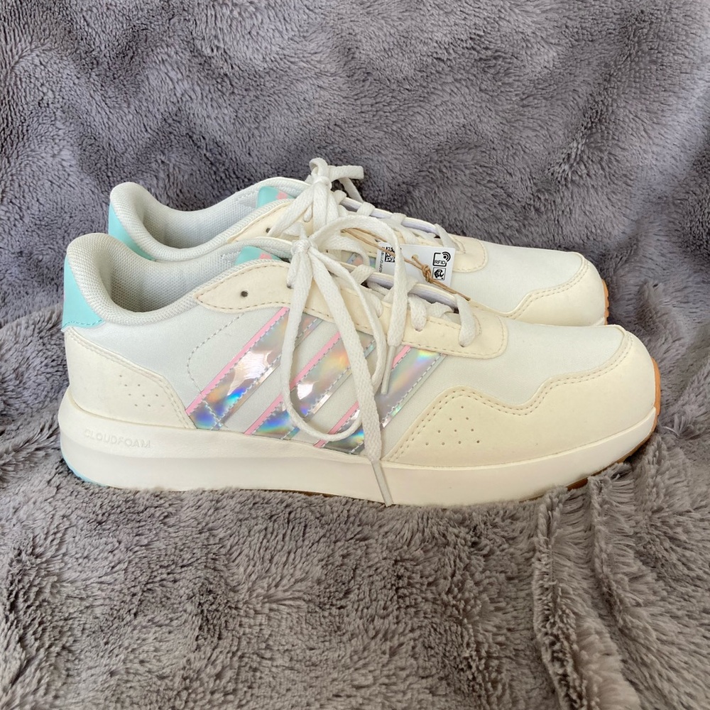 Adidas Unisex Run 60S J Sneakers White Iridescent Stripes Men’s Sz 6 Womens Sz 8